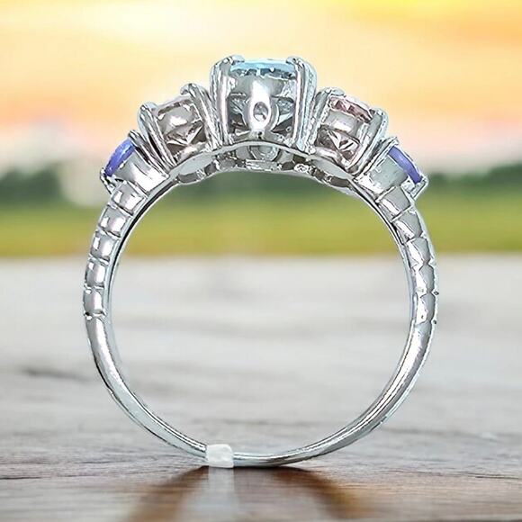 2.25ct Natural Aquamarine Morganite Tanzanite Ring 925 Sterling Silver Size 7.75 - Picture 3 of 6